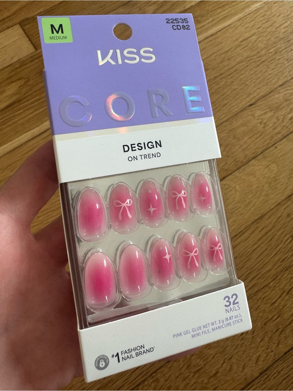 Kiss Core Medium Hot Pink with White Bows Stars Design on Trend  Press On Nails